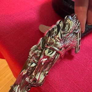 Double horse, head, heavy belt, buckle with brown leather belt by Tanner